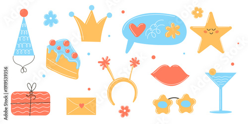 Doodle Party Decoration Element. Birthday Celebration Greeting Card Symbol Element. Funny Cartoon Hand Drawn Childish Kid Party Symbol. Holiday Pattern Doodle Design Sign. Romantic Cute Icon Art. 