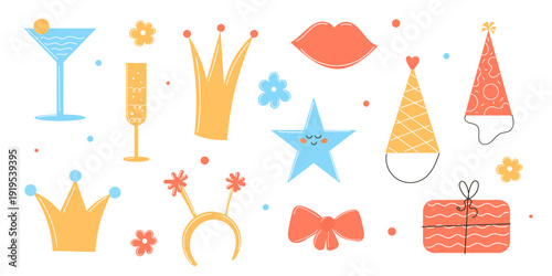 Doodle Party Decoration Element. Birthday Celebration Greeting Card Symbol Element. Funny Cartoon Hand Drawn Childish Kid Party Symbol. Holiday Pattern Doodle Design Sign. Romantic Cute Icon Art. 