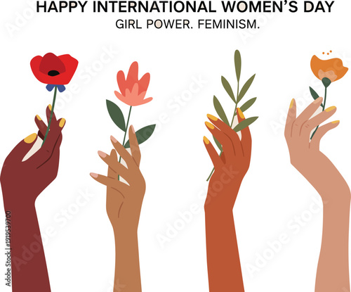 International Women's Day - Minimalist flat vector illustration of diverse female hands holding flowers with yellow nail polish accents