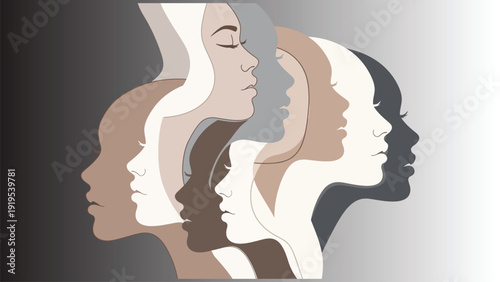 Diverse women profiles overlapping in minimalist vector style with neutral earth tones on gray background