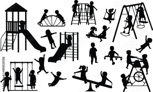 Kids Playground Silhouette Collection with Children Playing on Swings Slides Seesaw and Climbing Frames Isolated on White Background