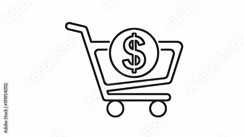 A minimalist shopping cart icon with a dollar sign on transparent background