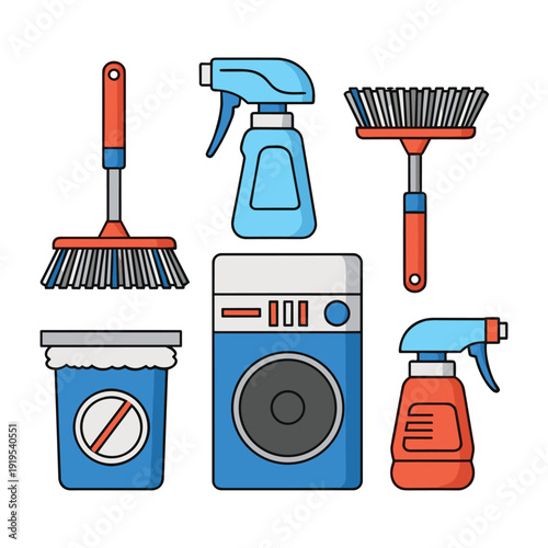 Illustrated set of cleaning tools and laundry appliances for household maintenance