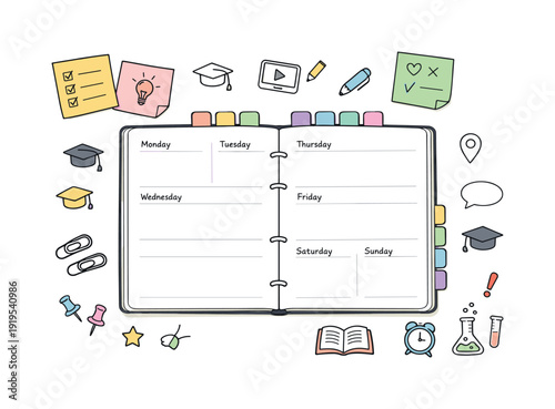 Cute doodle-style weekly planner with educational and organizational icons