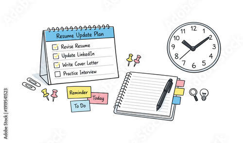 Desk calendar page, notebook, sticky notes and a wall clock, checkmarks and event blocks for Resume update plan with tabs, clips,