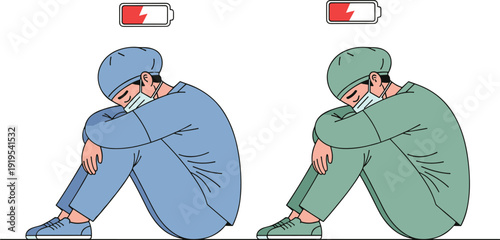 Two exhausted healthcare workers in scrubs and masks sitting with heads down under low battery icons symbolizing burnout