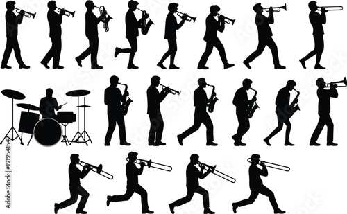 Jazz Band Musicians Silhouette Collection with Trumpet, Saxophone, Trombone and Drums Isolated on White Background Vector Illustration Set