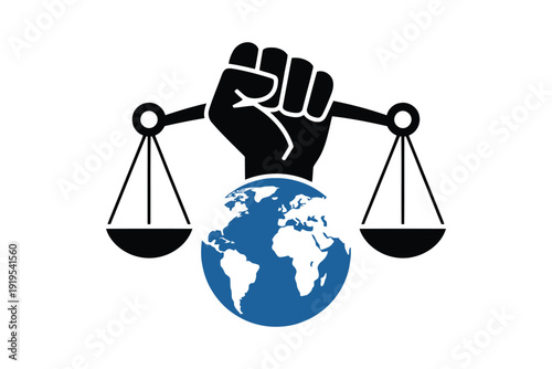Day of Social Justice day Black clenched fist holding scales of justice over a blue and white globe