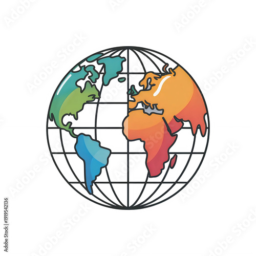 Colorful wireframe globe illustration showing continents with clear grid overlay.