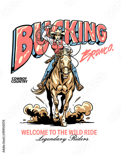 Bucking Bronco Wild West Cowgirl Riding Horse Vintage Vector Illustration for T-Shirt Design, Rodeo Poster