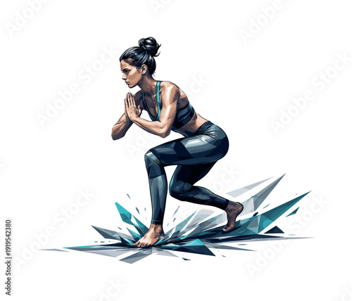 Low-poly vector illustration of a yoga practitioner preparing to enter a balance pose, grounded angular stance with weight