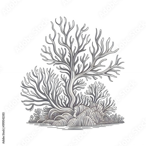 Intricate outline illustration of vibrant coral reef ecosystem thriving underwater.