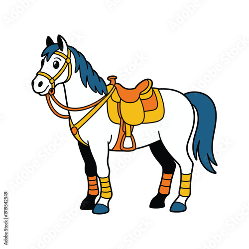 A white cartoon horse stands patiently with a saddle and bridle.