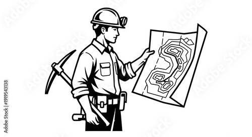 Miner examining topographic map with pickaxe on back.