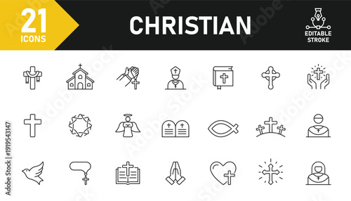 Christian line icon set. Set of 21 outline icons related to christianity, religion, chruch, cross, bible, praying and others. Editable stroke. Vector illustration.