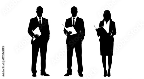 Silhouettes of three business professionals standing together.