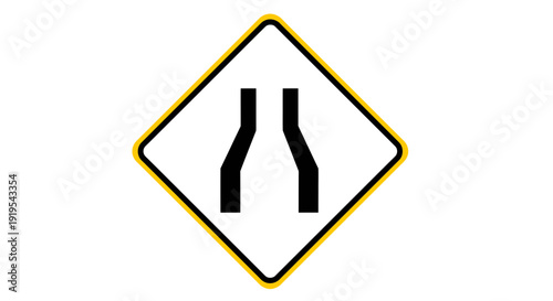 Narrow Road Ahead Warning Sign on White Background with Black and Yellow Borders