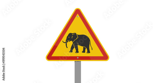 Warning sign with elephant symbol on yellow triangle indicating wildlife crossing area on roadside