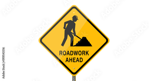 Roadwork ahead sign with worker silhouette and caution message on yellow diamond-shaped warning sign