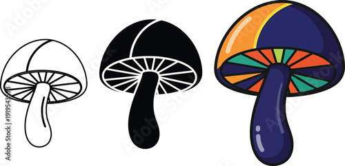 Psychedelic mushroom vector illustration: outline, silhouette, and vibrant multi-color design. Represents nature, fantasy, magic, and alternative culture.