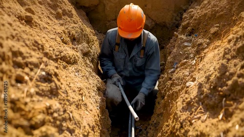 Construction worker in safety helmet digging trench with shovel during underground utility installation at job site