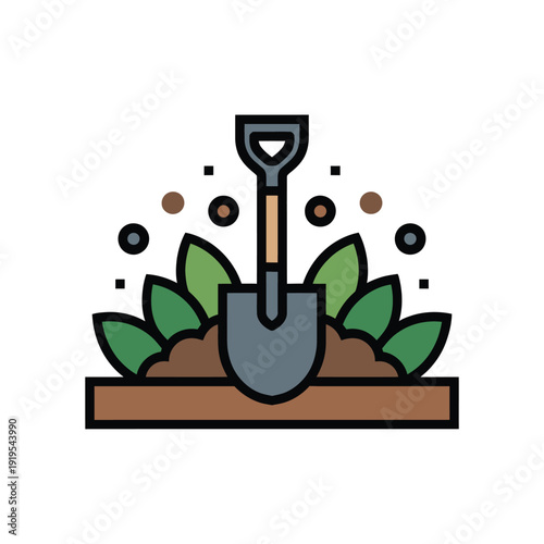 A shovel is stuck in the ground surrounded by plants and soil.