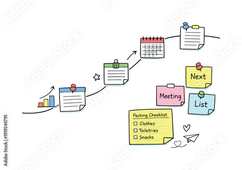 Minimalist Planning Pathway. Milestone roadmap path, notebook strips as checkpoints, mini chart and calendar icons, pinned sticky