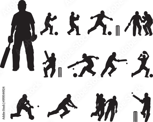 Set of cricket player silhouette vector illustration 