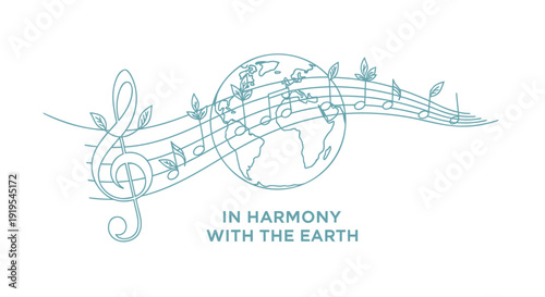 Environmental harmony vector graphic with musical notes and globe, eco-friendly symbol. Includes earth, music notes, leaves. Created in minimalist line style with blue palette.