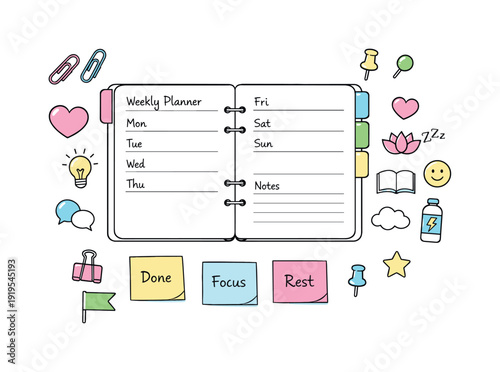 Open weekly planner spread, tabbed notebook pages, paper clips and sticky notes, small reminder icons for Mental wellness
