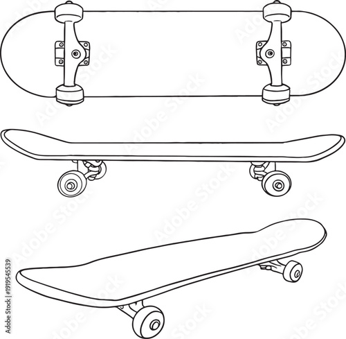 Vector set of skateboard equipment and accessories. Hand-drawn outline of skateboards, helmet, sneakers, ramp, and rail. Perfect for street culture, extreme sports design, and coloring books.