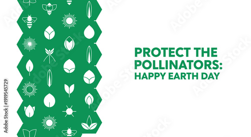 Earth Day icon collection with pollinators theme. Includes bee, butterfly, flower, leaf, and environmental protection symbols. Created in flat style with green color palette.