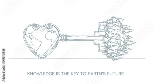 Vector illustration of a heart-shaped key with a cityscape, symbolizing knowledge as the key to a sustainable future.