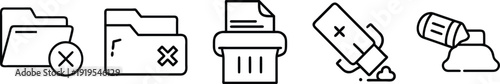 on a transparent background Vector icons for folder management, file deletion, printing, and waste disposal