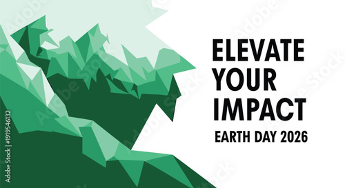 Earth Day 2026 vector graphic with mountain range and Elevate Your Impact slogan.