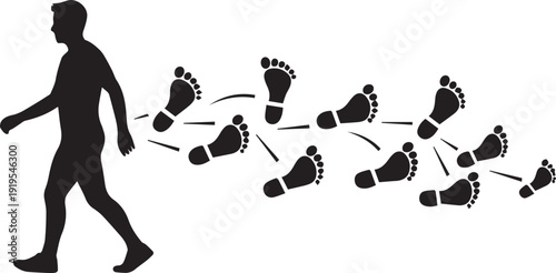 Man walking showing sequence of footprints motion path on transparent background vector