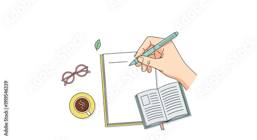 A hand writes with a blue pen on a blank piece of paper next to a coffee cup, round glasses, and an open book from a top-down view.