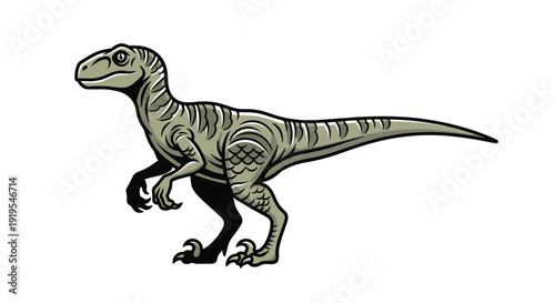 A greyish-green Velociraptor dinosaur standing in a side profile with patterned skin and sharp claws.