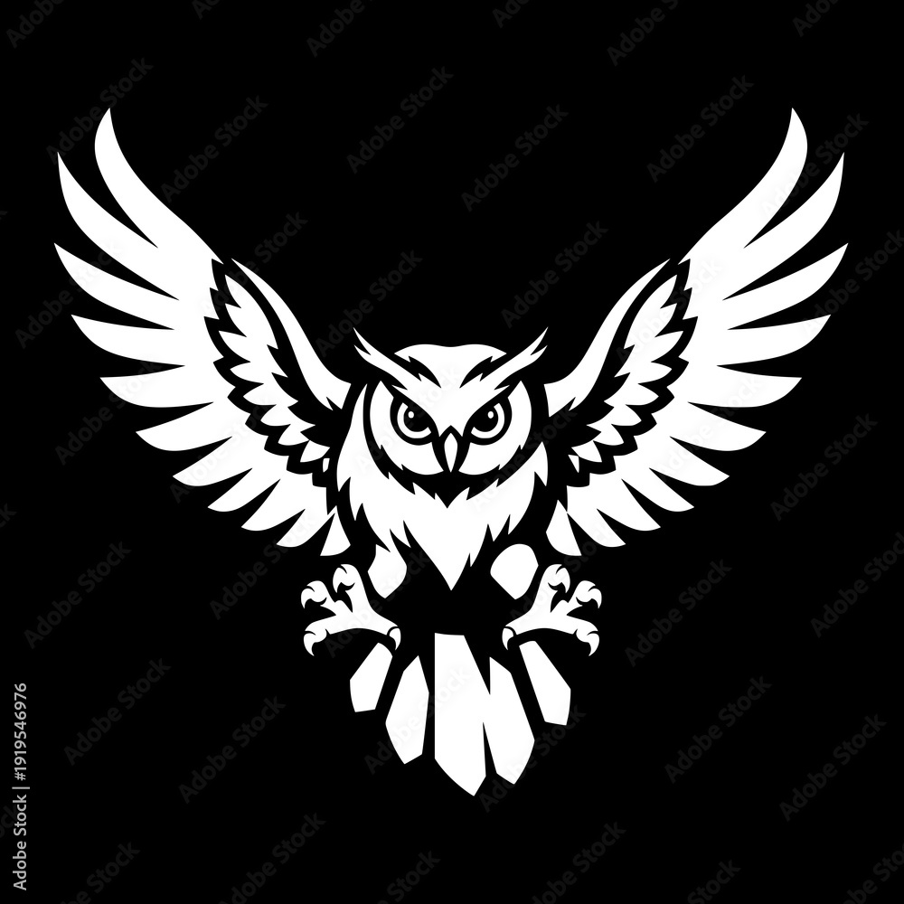 Obraz premium white owl bird silhouette with wings in flight, fierce nocturnal predator wildlife animal illustration isolated on dark background in modern minimal design.