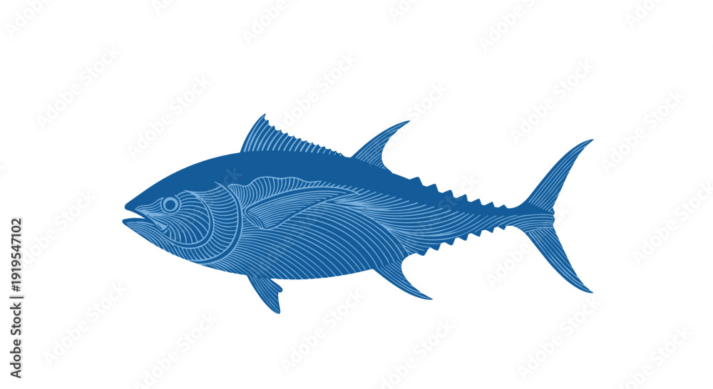 Obraz premium An intricate blue line art illustration depicts a tuna fish in profile, highlighting detailed scales and fins.