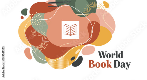 World Book Day colorful abstract illustration with book icon. Includes reading celebration symbols. Created in modern style with pastel palette.