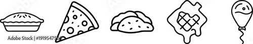 on a transparent background Party Food Icons: Pie, Pizza, Tacos, and Balloons