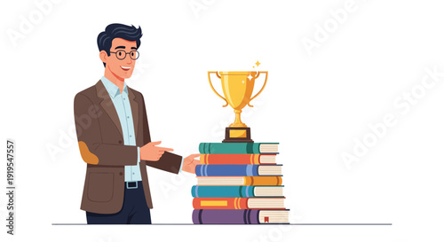 Cartoon man with glasses pointing at a tall stack of colorful books with a golden trophy on top.