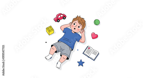 A boy in blue shirt and grey shorts lies on his back, surrounded by a car, block, ball, heart, book.