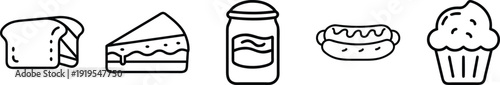 on a transparent background Vector icons of popular foods: bread slices, cake slice, jar, hot dog, cupcake. Perfect for food blogs, recipe sites, and social media.