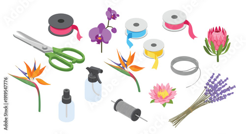 Isometric illustration features floristry tools, scissors, ribbons, spray bottles, and exotic flowers including orchids, protea, and lavender.