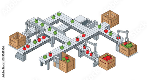 Isometric apple sorting and packing factory process with conveyor belts, robotic arms, and wooden crates for fruit.