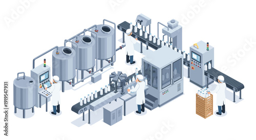Isometric milk bottling factory interior with workers operating machinery, tanks, and conveyor belts for dairy production.