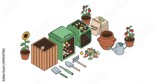 Isometric composting process with bins, organic waste, garden tools, and potted tomato and sunflower plants.