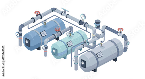 Isometric illustration of an industrial fluid processing system featuring three interconnected tanks, pipes, valves, and pressure gauges.